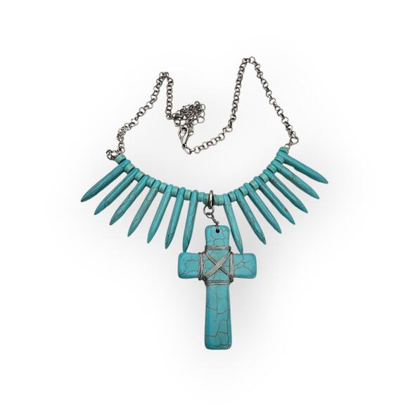 Turquoise Spike Bead & Cross Pendant Necklace – Southwestern Boho Chic Statement - Picture 6 of 9